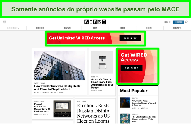 Captura de tela do MACE bloqueando a maioria dos an&uacute;ncios no site com fio