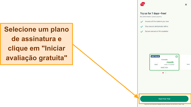 Captura de tela da p&aacute;gina de sele&ccedil;&atilde;o do plano com o bot&atilde;o 