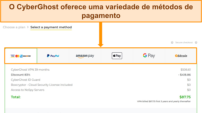 Obtenha a avalia&ccedil;&atilde;o gratuita do CyberGhost escolha um m&eacute;todo de pagamento