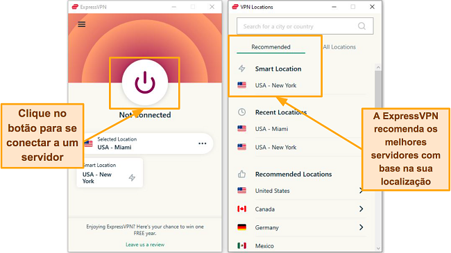 Captura de tela das p&aacute;ginas de conex&atilde;o ExpressVPN e lista de servidores