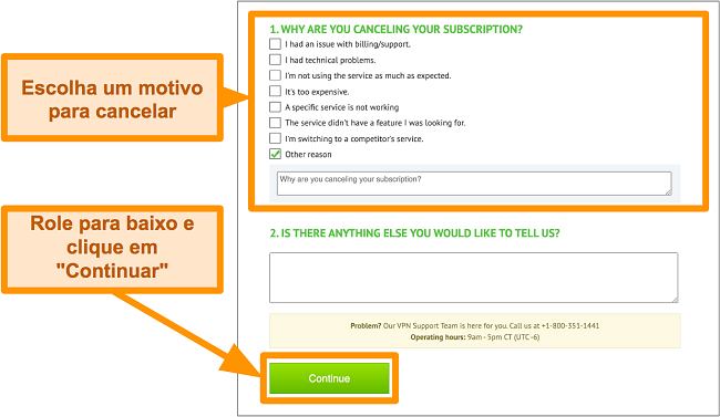 Captura de tela do motivo de cancelamento do IPVanish na &aacute;rea de trabalho