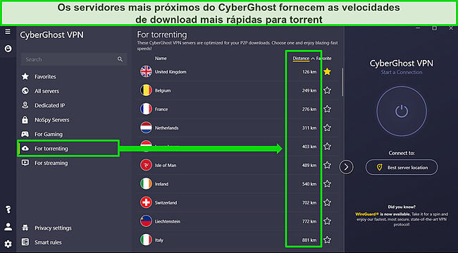 Captura de tela do aplicativo para Windows do CyberGhost com lista de servidores de torrent otimizada classificada por dist&acirc;ncia.