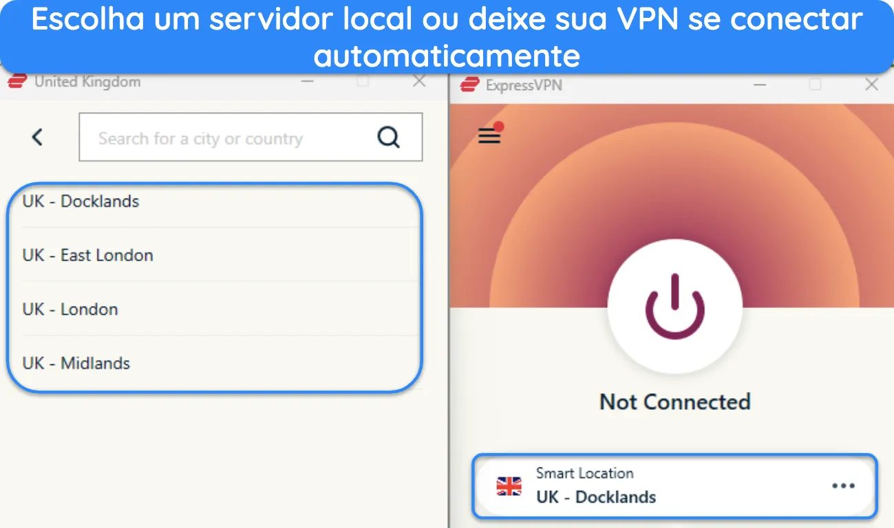 Imagem do aplicativo do ExpressVPN para Windows mostrando a seleção do servidor do Reino Unido e destacando a opção de conexão Smart Location.