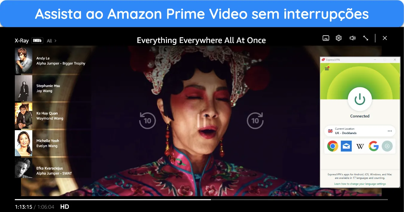 Imagem do Amazon Prime Video transmitindo 'Everything Everywhere All At Once' com o ExpressVPN conectado a um servidor do Reino Unido.