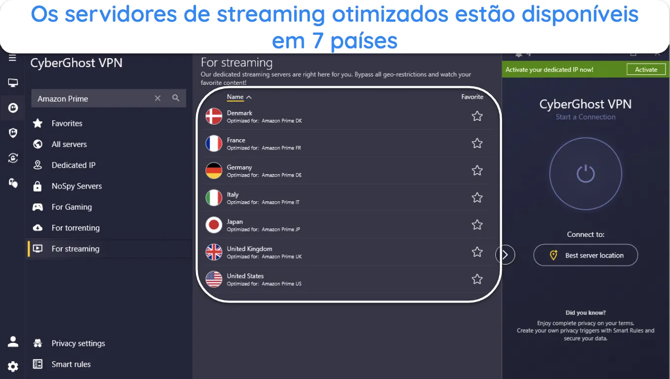 Imagem do aplicativo do CyberGhost para Windows, mostrando os locais otimizados do servidor Amazon Prime Video.
