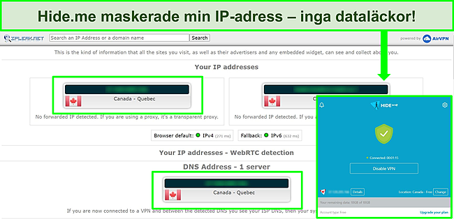 Sk&auml;rmdump av Hide.mes IP Leak-testresultat n&auml;r den &auml;r ansluten till en server i Kanada