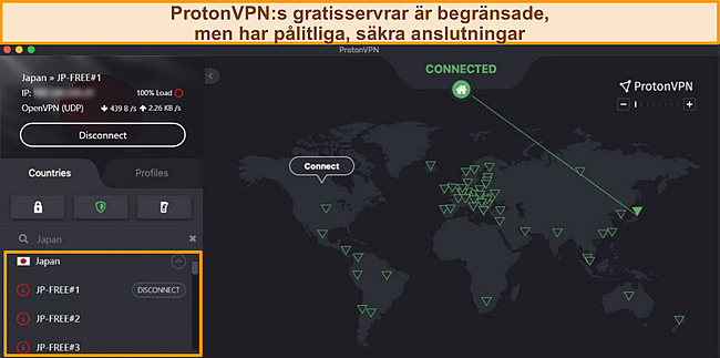 Sk&auml;rmdump av Proton VPN ansluten till en gratis server i Japan.