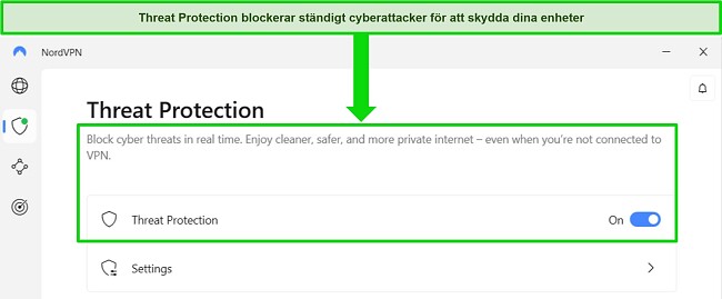 Bild av NordVPNs Windows-app, som visar att funktionen f&ouml;r hotskydd &auml;r aktiverad.