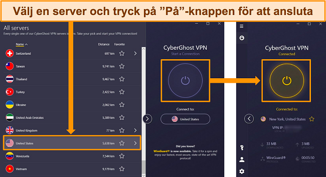 Sk&auml;rmdumpar av CyberGhosts servermeny som beskriver hur man ansluter till en amerikansk server.