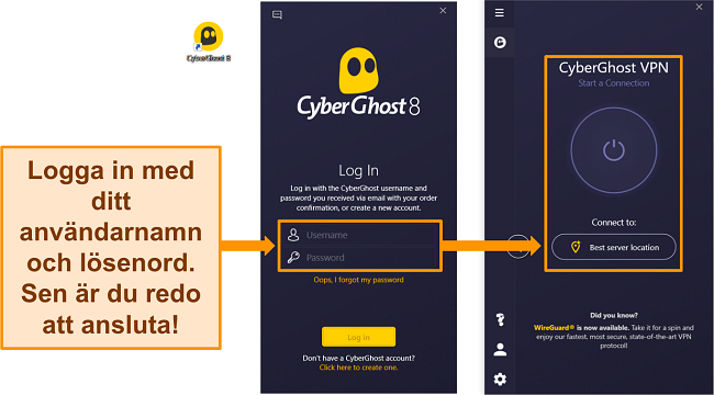 Sk&auml;rmdump av CyberGhosts Windows-app med anv&auml;ndarnamn och l&ouml;senord markerat.
