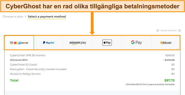 F&aring; CyberGhost gratis provperiod v&auml;lj en betalningsmetod