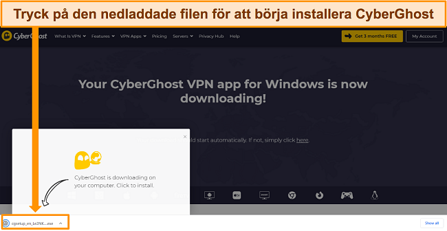 Sk&auml;rmdump av CyberGhost-appen som laddas ned till en Windows-enhet.