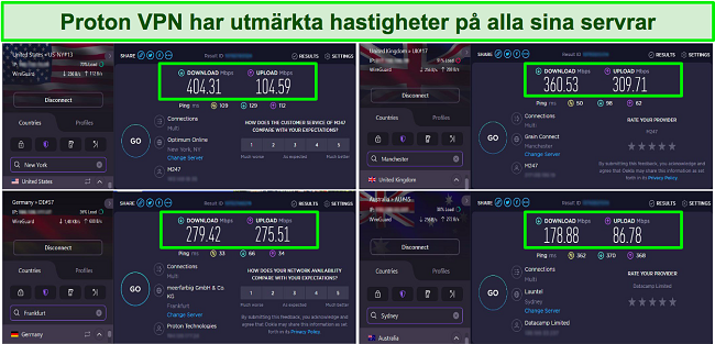 Sk&auml;rmdump av Proton VPN-hastighetstester som visar servrar i USA, Storbritannien, Tyskland och Australien