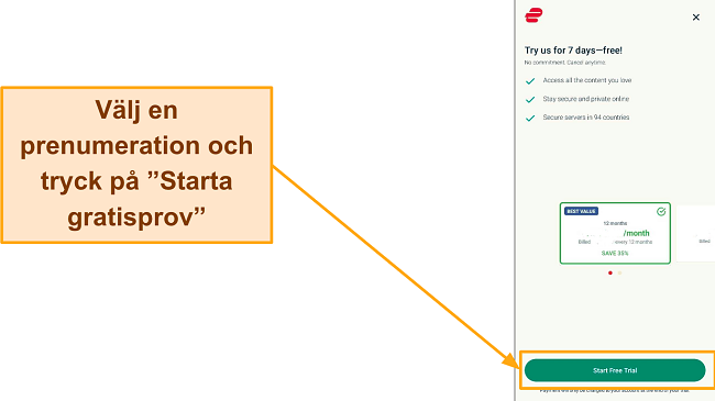 Sk&auml;rmdump av planvalssidan med knappen "Starta gratis provperiod" markerad.