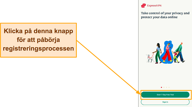 Sk&auml;rmdump av ExpressVPN-inloggningssidan, med "Start7-Day Free Trial" h&ouml;jdpunkt.