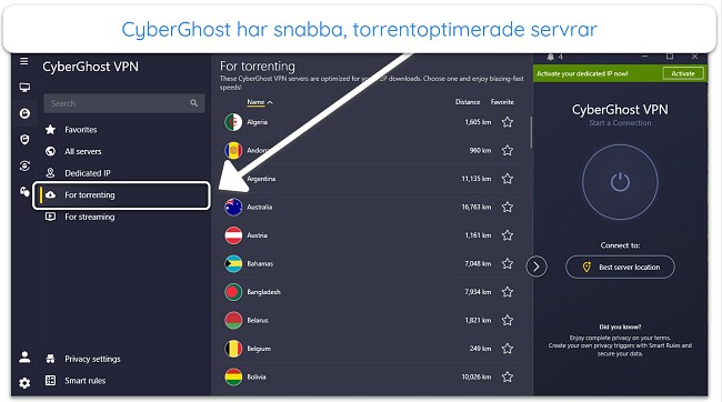 Sk&auml;rmdump av CyberGhosts torrentoptimerade servrar