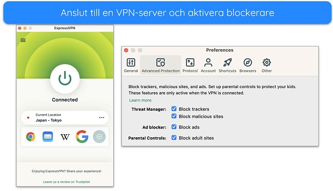 Sk&auml;rmdump av ExpressVPN ansluten till en server och dess blockeringsalternativ f&ouml;r Advanced Protection
