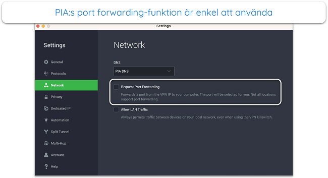 Sk&auml;rmdump av PIA:s portvidarebefordransfunktion i sin app