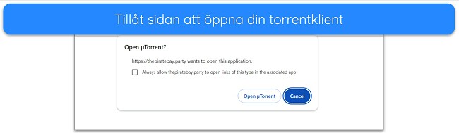 Sk&auml;rmdump av meddelande f&ouml;r att &ouml;ppna uTorrent-klient