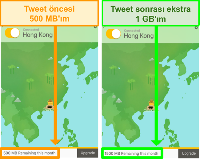 Tweet atma i&ccedil;in 1 GB ekstra veri sağlayan TunnelBear ekran g&ouml;r&uuml;nt&uuml;s&uuml;