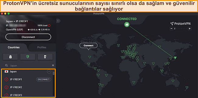 Japonya'da &uuml;cretsiz bir sunucuya bağlanan Proton VPN'in ekran g&ouml;r&uuml;nt&uuml;s&uuml;.