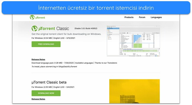 uTorrent indirme sayfasının ekran g&ouml;r&uuml;nt&uuml;s&uuml;
