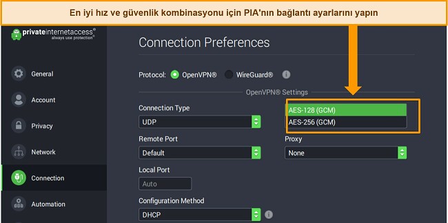 Bağlantı Tercihleri a&ccedil;ık ve şifreleme ayarları vurgulanmış halde PIA'nın Windows uygulamasının ekran g&ouml;r&uuml;nt&uuml;s&uuml;