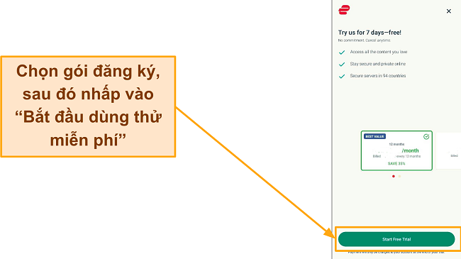 Ảnh chụp màn hình của trang lựa chọn gói với nút "Bắt đầu dùng thử miễn phí" được làm nổi bật.