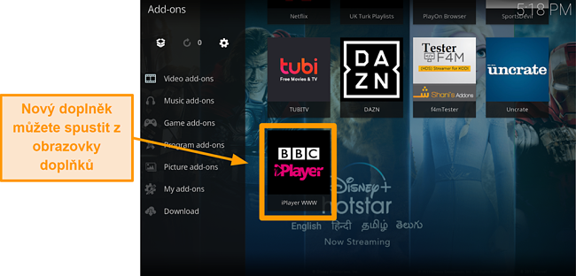 screenshot toho, jak nainstalovat ofici&aacute;ln&iacute; doplněk kodi krok jeden&aacute;ct spustit nov&yacute; doplněk z domovsk&eacute; str&aacute;nky