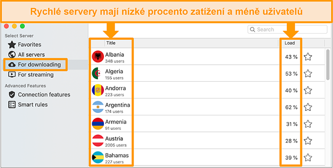 Screenshot z karty Stahov&aacute;n&iacute; v aplikaci CyberGhost pro Mac