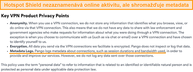 Screenshot z&aacute;sad ochrany osobn&iacute;ch &uacute;dajů Hotspot Shields