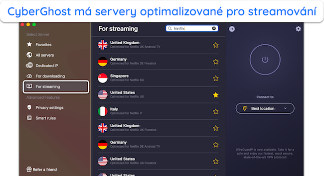 Sn&iacute;mek obrazovky optimalizovan&yacute;ch serverů CyberGhost pro Netflix