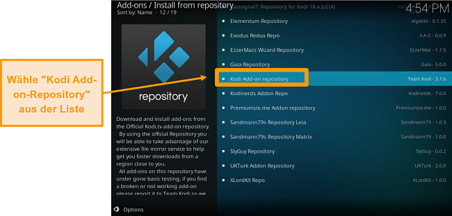 Screenshot zur Installation des offiziellen Kodi-Addons Schritt 5 Klicken Sie in der Liste auf Kodi Add-On-Repository