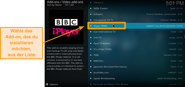 Screenshot von der Installation des offiziellen Kodi Addons Schritt sieben Finden Sie das gew&uuml;nschte Addon