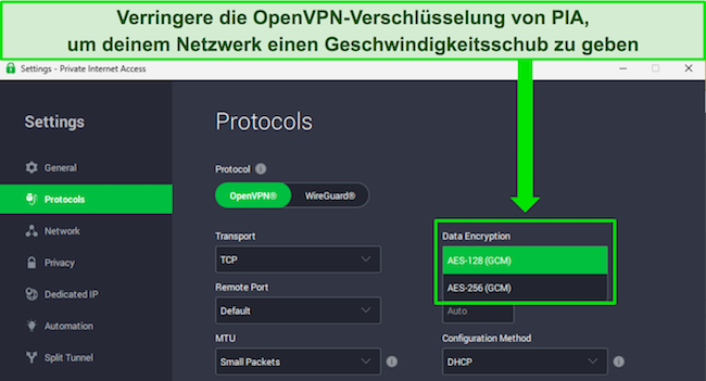 Bild der Windows-App von PIA, das die anpassbaren Funktionen zeigt, die f&uuml;r eine Steigerung der Netzwerkgeschwindigkeit sorgen k&ouml;nnen