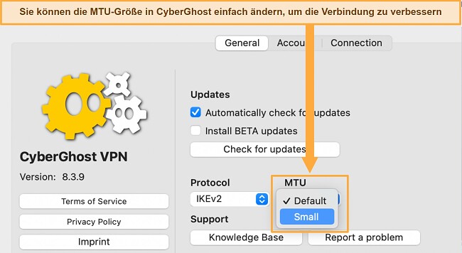 VPN- trennt sich st&auml;ndig - wie man es behebt - CyberGhost Allgemeine Einstellungen Registerkarte mit MTU-Optionen