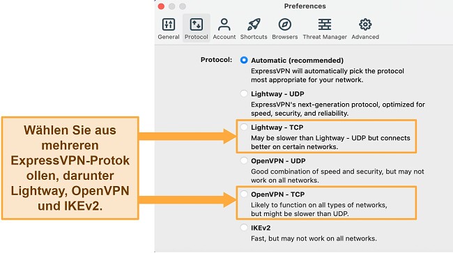 VPN Verbindung wird st&auml;ndig unterbrochen wie behebe ich das ExpressVPN Protokoll Men&uuml; mit anzeige von TCP Protokollen