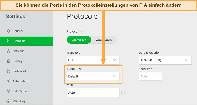VPN Verbindung wird st&auml;ndig unterbrochen wie behebe ich das PIA Protokoll Einstellungen Men&uuml;