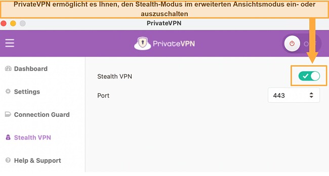 VPN Verbindung wird st&auml;ndig unterbrochen wie behebe ich das PrivateVPN-Stealth VPN Einstellungen Men&uuml;