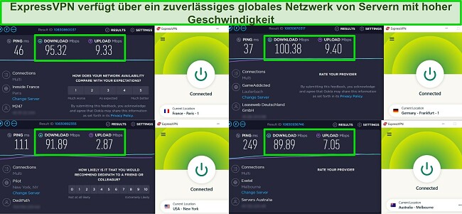 VPN- trennt sich st&auml;ndig - wie man es behebt - ExpressVPN Geschwindigkeitstests Frankreich USA Deutschland Australien