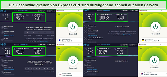 Screenshot von ExpressVPN, das mit mehreren Servern verbunden ist, und die Ergebnisse von Geschwindigkeitstests, die auf diesen Servern ausgef&uuml;hrt werden.