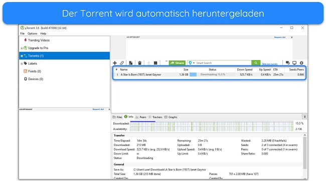 Screenshot des Downloads von &bdquo;A Star is Born&ldquo; auf uTorrent