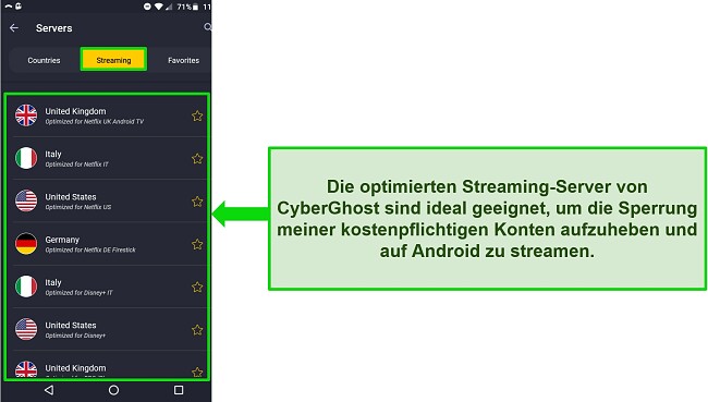 Screenshot des Streaming-Server-Men&uuml;s von CyberGhost auf Android