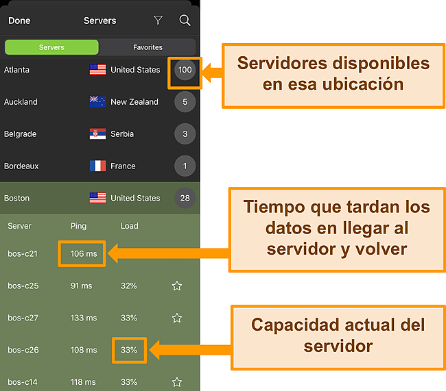Captura de pantalla de la aplicaci&oacute;n IPVanish para iOS con la informaci&oacute;n del servidor resaltada.