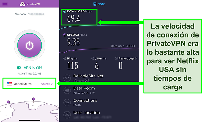 Captura de pantalla de PrivateVPN conectada a un servidor de EE. UU., M&aacute;s el resultado de una prueba de velocidad de Ookla.
