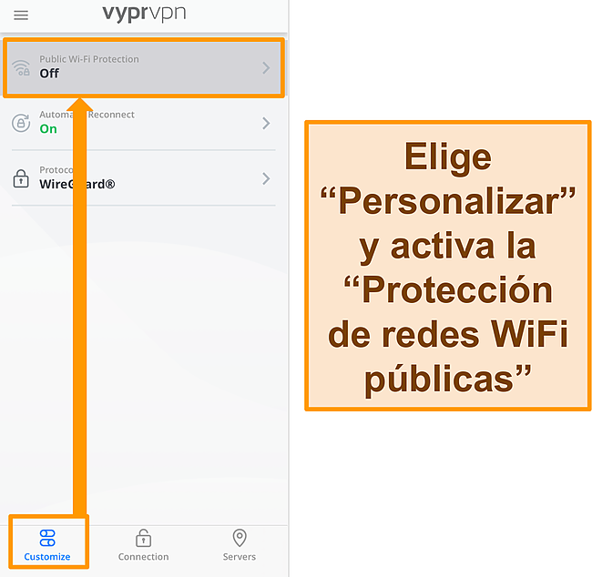 Captura de pantalla de la configuraci&oacute;n de Protecci&oacute;n WiFi p&uacute;blica de VyprVPN.