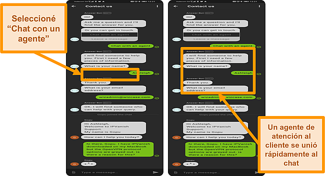 Captura de pantalla del chat en vivo de IPVanish en dispositivos m&oacute;viles.