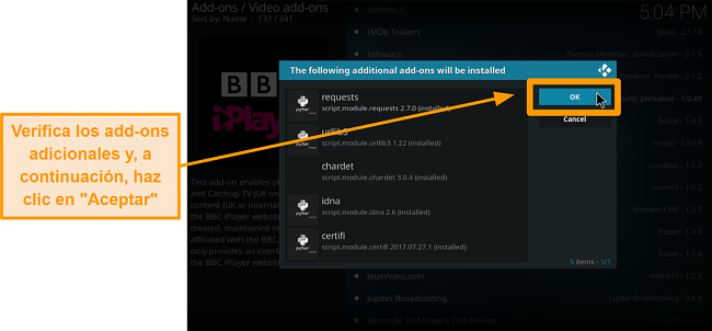 captura de pantalla de c&oacute;mo instalar el complemento oficial de kodi, paso nueve, verifique los complementos adicionales y luego haga clic en Aceptar