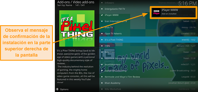 captura de pantalla de c&oacute;mo instalar el complemento oficial de kodi, aparecer&aacute; la notificaci&oacute;n del paso diez