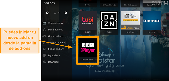 captura de pantalla de c&oacute;mo instalar el complemento oficial de kodi paso once lanzar un nuevo complemento desde la p&aacute;gina de inicio